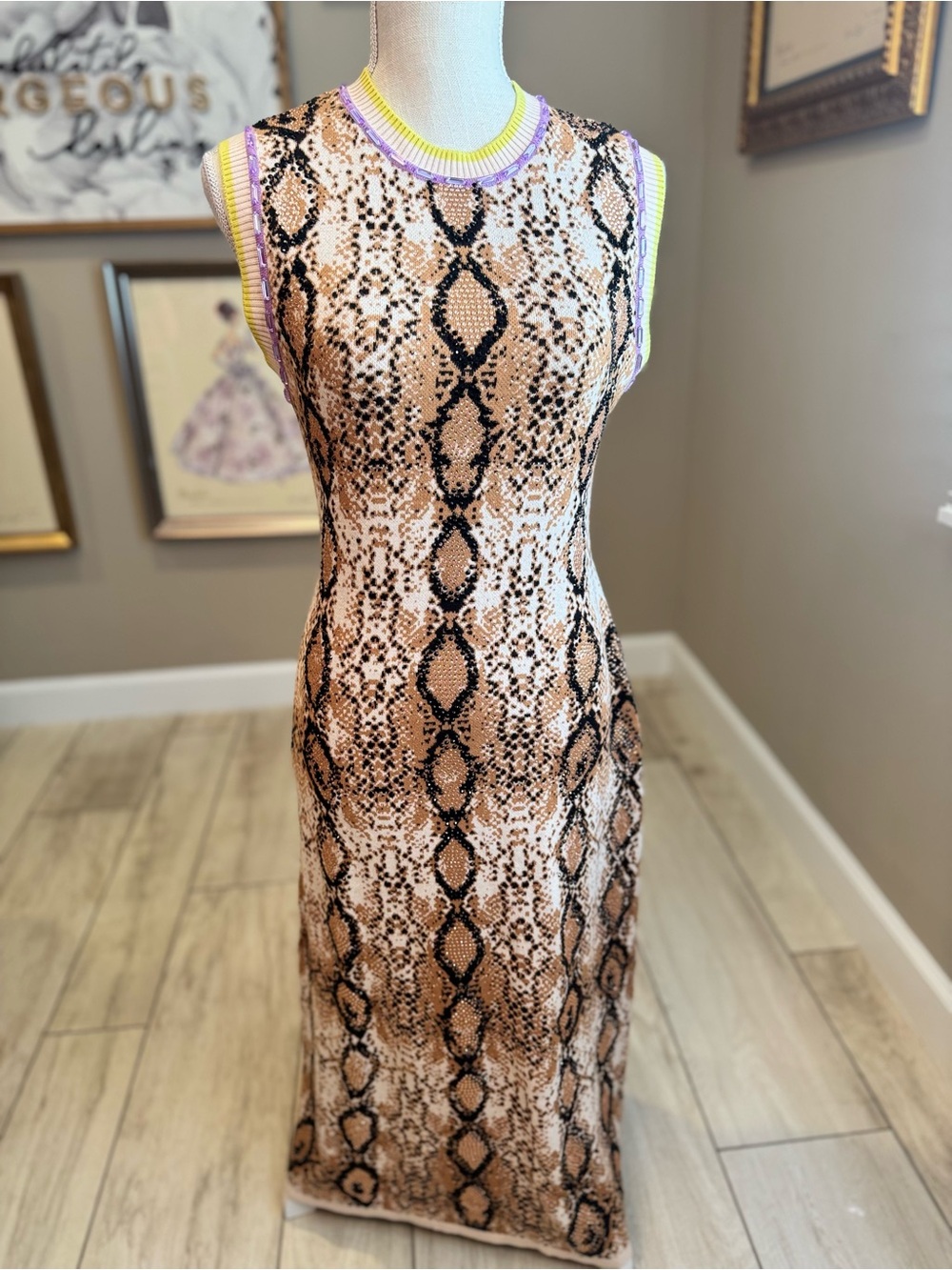 New! QUEEN OF SPARKLES Sleeveless Rhinestone Snake-Print Midi Dress